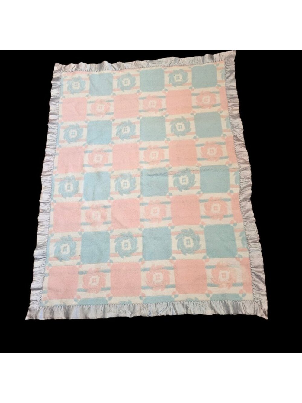 VTG Baby Blanket Pink Blue Checkered Satin Trim Fleece Reversible 80s 90s